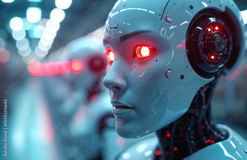 Poster smart robot with red eyes in factory. ai tech in industrial manufacturing. modern automation, indust