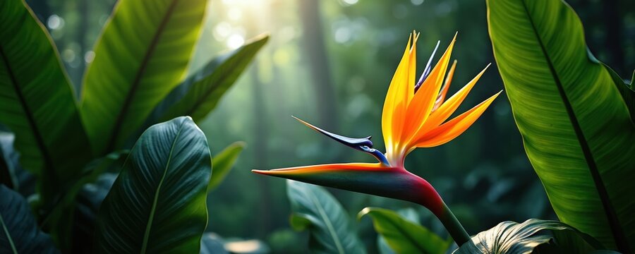 Stunning Bird of paradise flower blooms against green foliage. Exotic strelitzia reginae in tropical forest. Perfect for background nature scenes, botanical designs, plant beauty, spring, summer