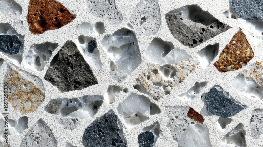 Poster the composition features various pieces of stone in a mix of colors and textures set against a light
