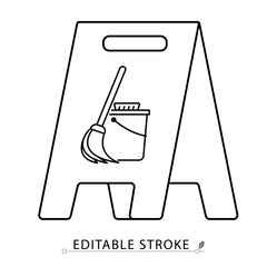 A cleaning sign icon in minimalist style with editable stroke. Wet floor warning, sanitation symbol, janitor tool, caution board, mop and bucket, hygiene alert, outline drawing