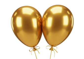 Isolated Pair of Shiny Golden Balloons Tied with Ribbons