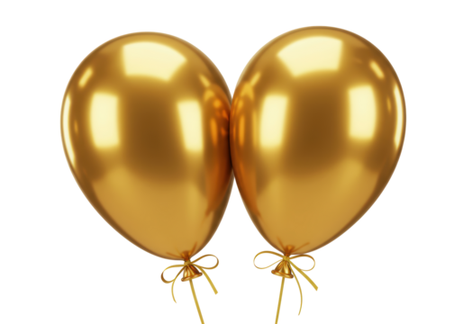 Isolated Pair of Shiny Golden Balloons Tied with Ribbons