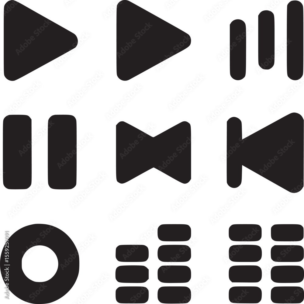 Poster representation of various media player controls icons in black on a white background layout