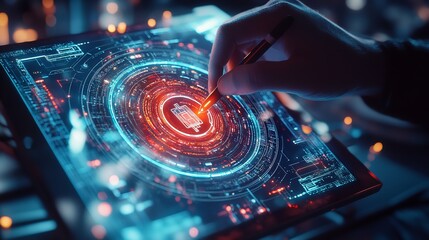 A hand touches a glowing, circular interface, surrounded by intricate patterns of light, suggesting a blend of technology and interaction.