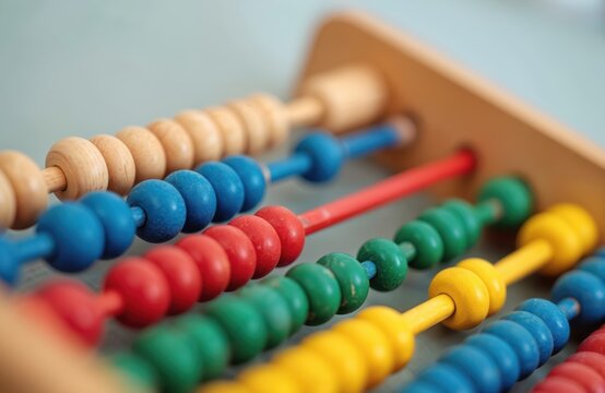 Colorful wooden abacus with beads counting tool. Classic educational toy for kids learning numbers addition subtraction arithmetic. Traditional mathematic teaching instrument.
