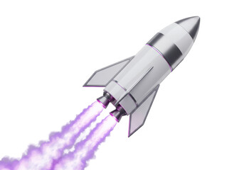 Isolated Silver Rocket Launching with Violet Smoke Trails