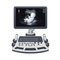 Ultrasound image of unborn baby on monitor with ultrasound machine