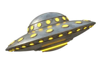 Isolated Metallic UFO with Yellow Lights Close-up