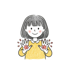 The girl smiles and shows dirty hands