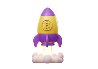 Isolated Yellow and Purple Rocket with Bitcoin Symbol Launching