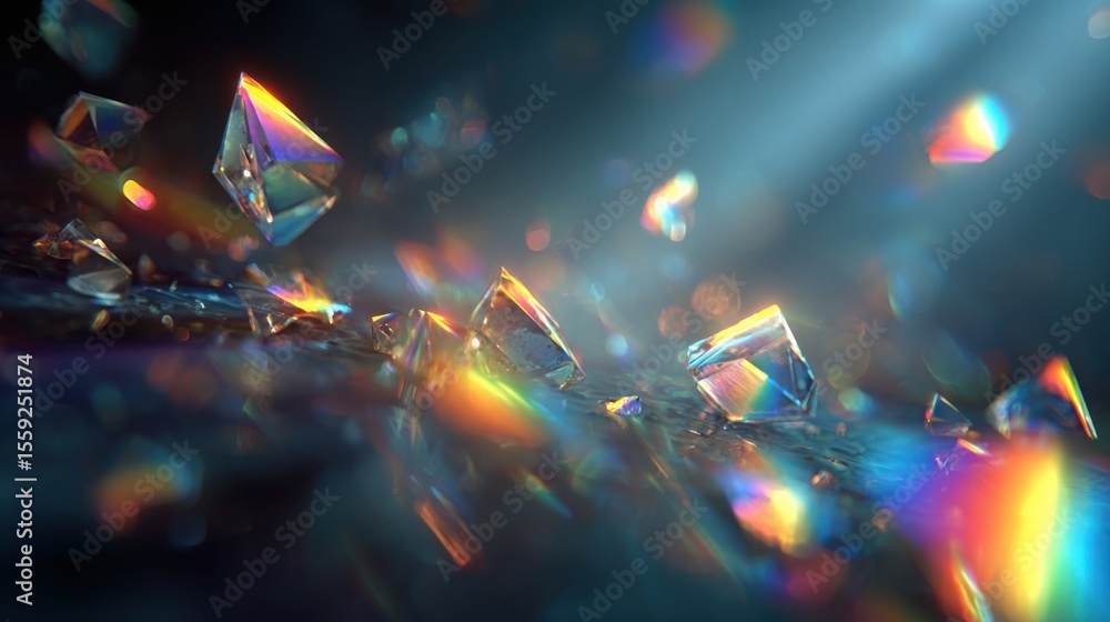 Poster crystals lay scattered on a reflective surface, capturing light and creating vibrant colors around t