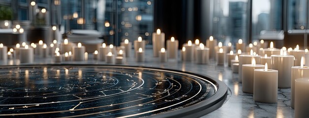 A beautifully crafted table features a detailed zodiac chart, softly lit by candlelight for an enchanting astrological connection
