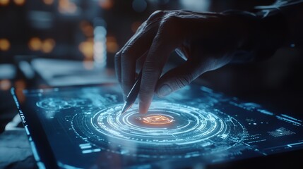 A hand touches a glowing, circular interface, surrounded by intricate patterns of light, suggesting a blend of technology and interaction.