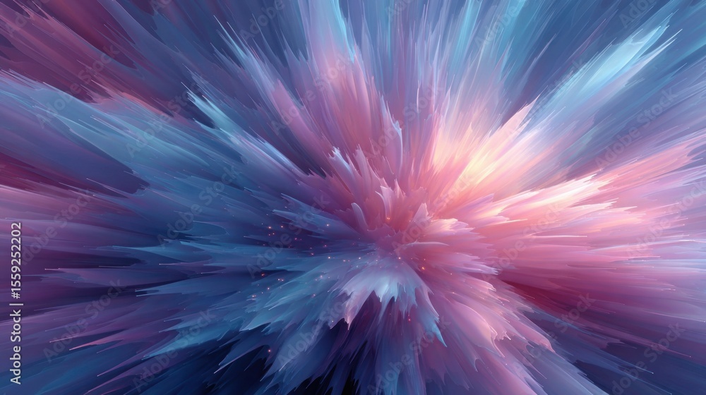 Poster colors burst outward in a dynamic display, featuring vibrant pinks and blues that create a feeling o