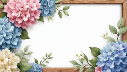 Watercolor hydrangea flowers wooden frame space text. Floral artwork for greeting cards, invitations, posters. Hydrangea blooms art design on white background with copy space. Perfect for wedding
