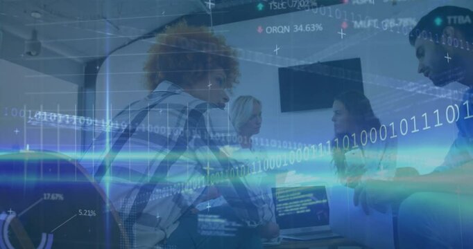 Analyst sipping coffee and gesturing at laptop while team reviewing stock data overlays for meeting