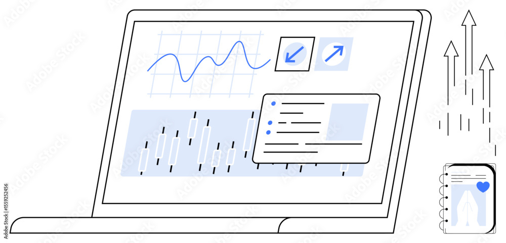 Poster laptop screen displaying charts, graphs, and updates mobile app with growth arrows. ideal for analyt