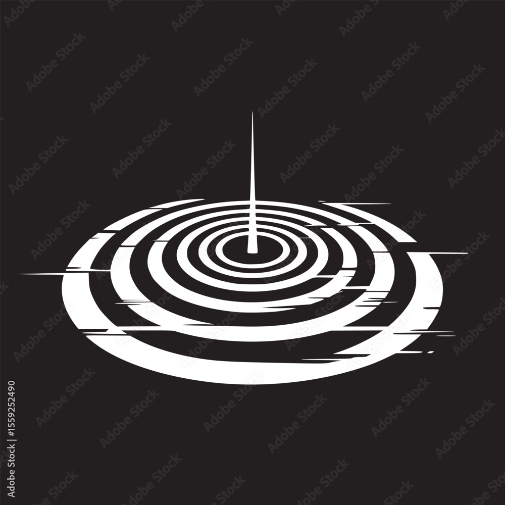 Poster white concentric circles with a line extending upward on a black grid background design art