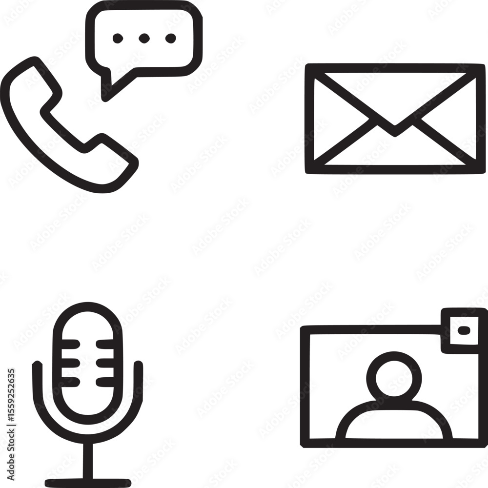 Poster four communication icons arranged in a square layout on a white background in line art style