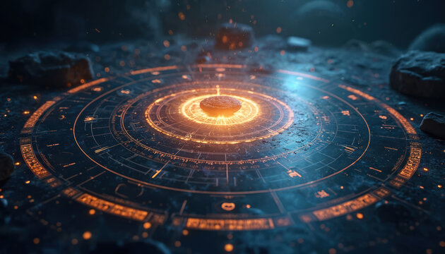 Futuristic astrological chart with planetary orbits and glowing center. Digital art of zodiac signs, cosmos exploration, starry universe, deep space. Mystical astrology concept.