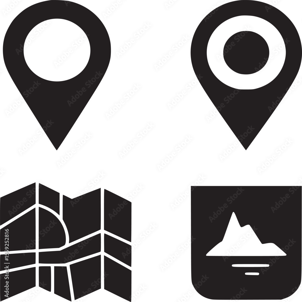Poster a set of four black and white icons representing location map and mountain travel symbols for naviga
