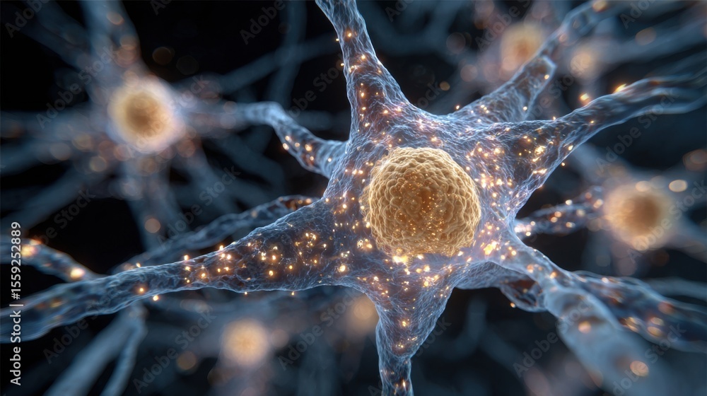 Poster an intricate network of neurons is displayed with glowing synapses and vibrant cellular structures a