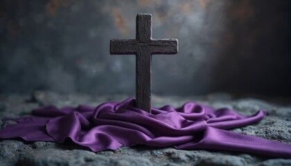 Wooden cross stands on stone surface draped purple cloth. Religious symbol of faith, Christianity. Good Friday, resurrection, easter. Represents christianity, hope, salvation. Holy background with