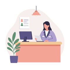 Woman working at reception desk with documents and computer  