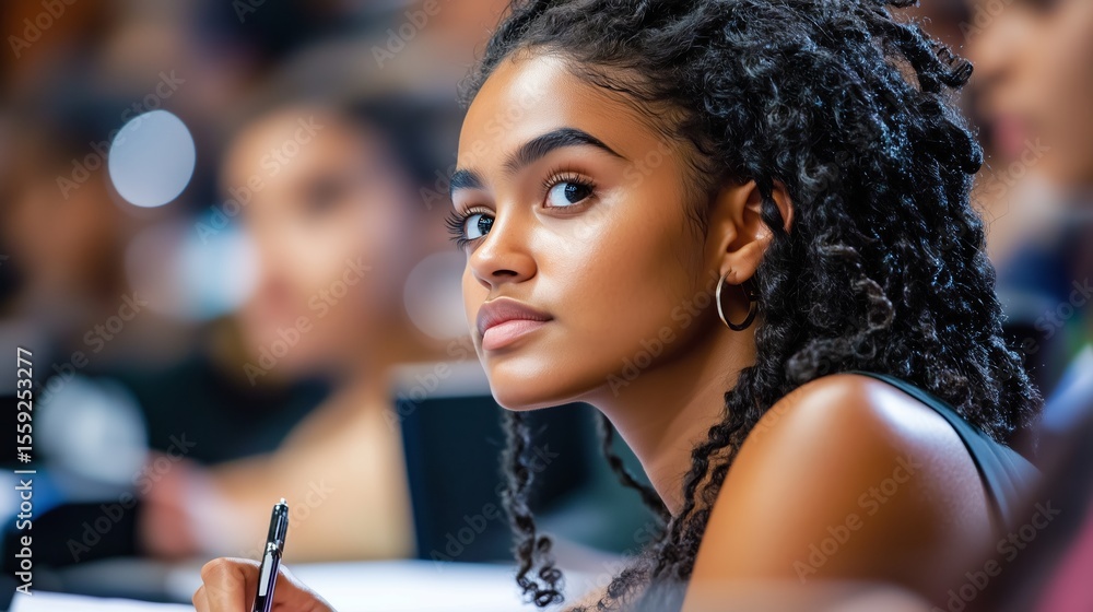 Poster engaged student actively listening during a lecture at a university classroom in the afternoon
