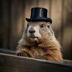A dramatic studio portrait captures a charming groundhog sporting a miniature black top hat perched jauntily on its head, presented with a touch of whimsical elegance 