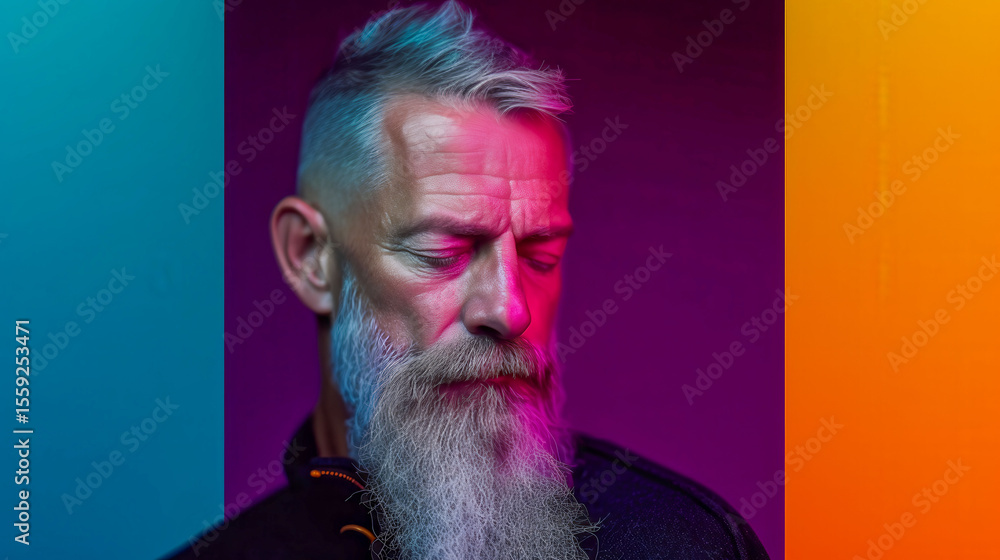 Poster a man with a beard and a beard is looking at the camera. the background is a colorful and vibrant pu