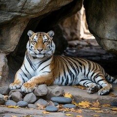 Fototapeta premium A photograph of a magnificent Bengal tiger resting on a pile of jagged grey rocks within a dimly lit cave.