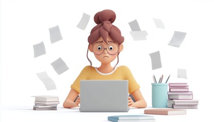 Dealing With Creative Crisis And Burnout: A Woman Working On A Laptop, Reading A Document With A Dissatisfied Expression, And A Student Writing Several Spoiled Drafts