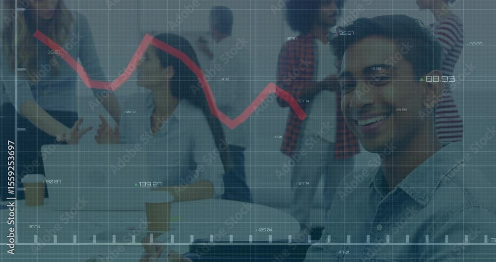 Poster red line chart animating over office table business team scrolling tablets and analyzing phone data