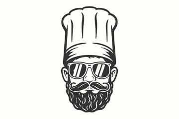 Bearded chef with mustache and sunglasses stands confidently wearing his tall chef's hat