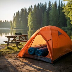 A photograph of a vibrant orange tent nestled beside a calm lake at sunrise. The tent’s canvas glows warmly from the rising sun,