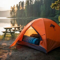 A photograph of a vibrant orange tent nestled beside a calm lake at sunrise. The tent’s canvas glows warmly from the rising sun,