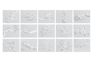 Blank white organza ribbon mockup, grey background, different types