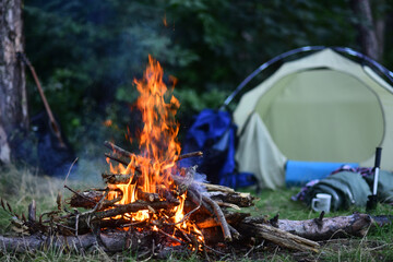 Fire camp. Travel, camp and living in nature concept. Leisure activities at camp nature in...