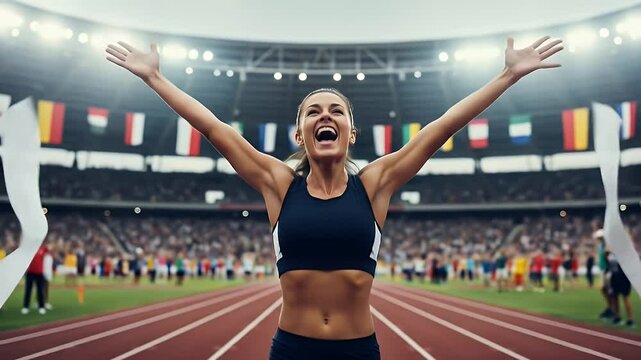 Woman crossing the finish line in a stadium