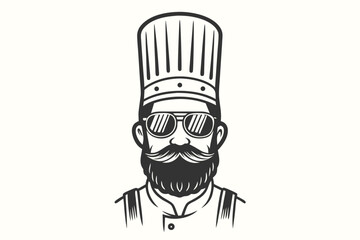 Bearded chef with sunglasses and a tall hat is presented in monochrome