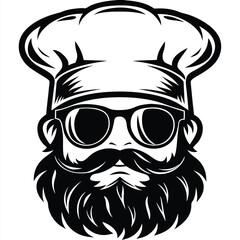 Bearded chef with sunglasses and a toque displays culinary confidence in monochrome