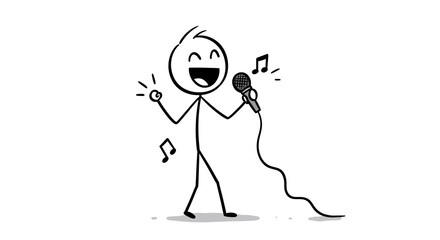 Obraz premium Stick figure singing karaoke with microphone vector illustration drawing simple line art design on transparent background