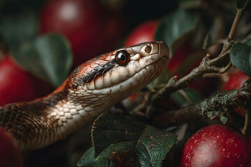 Obraz premium Snake resting on apple in tree during daylight hours in nature