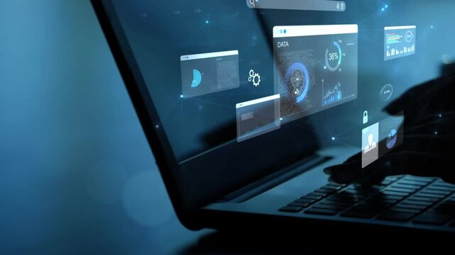 woman analyst uses a computer AI artificial intelligence and dashboard for data business analysis and Data Management System with KPI and metrics connected to the database for technology finance,