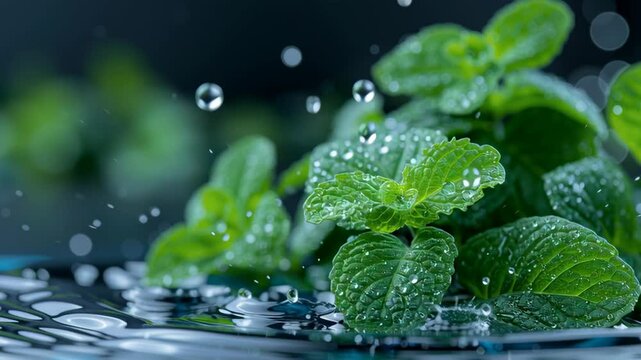 Fresh mint leaves with water drops on a dark background. Health and wellness concept. Footage for a spa promotion, herbal tea advertisement or a cosmetic product presentation