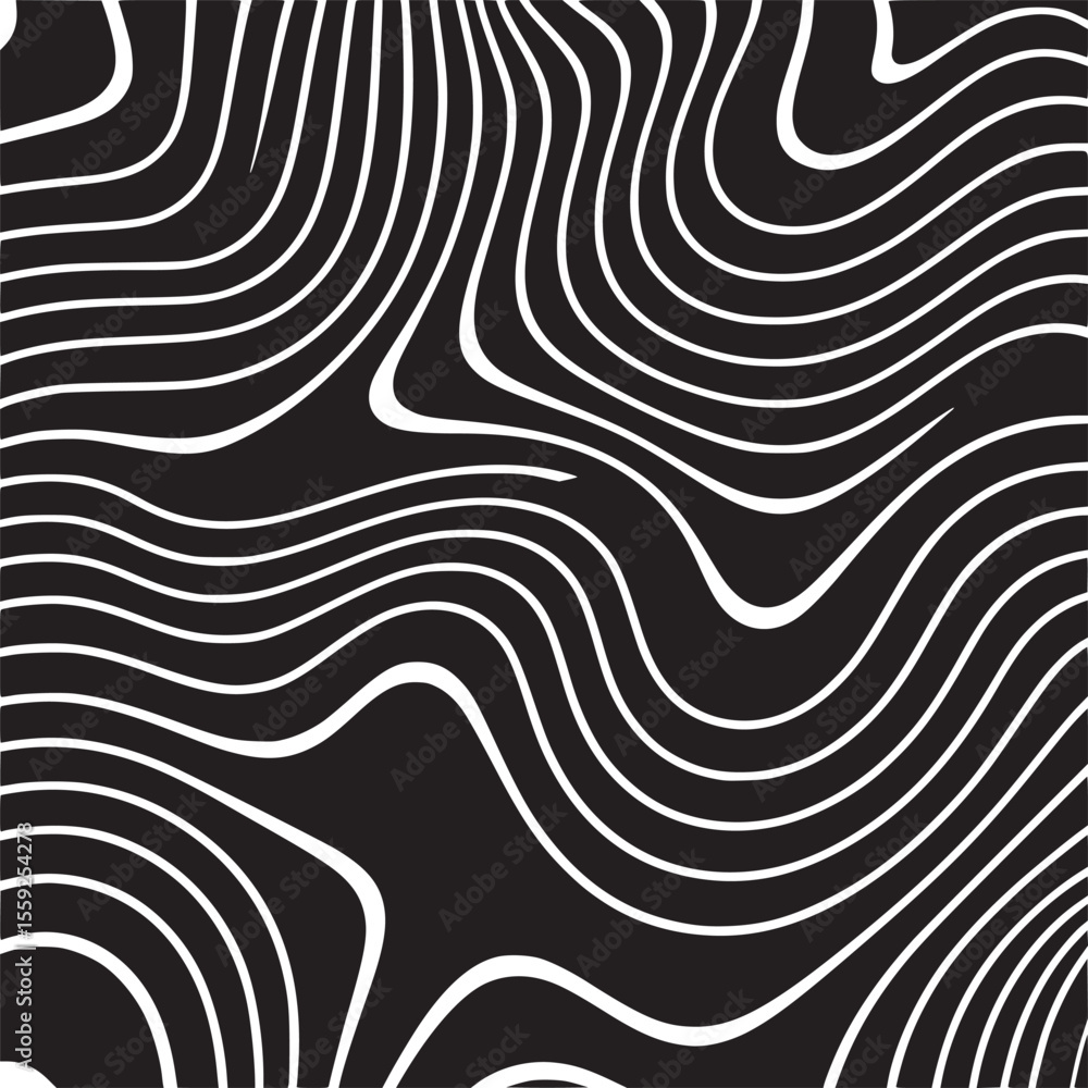 Poster abstract black and white wavy lines pattern creating an optical illusion of movement and flow effect