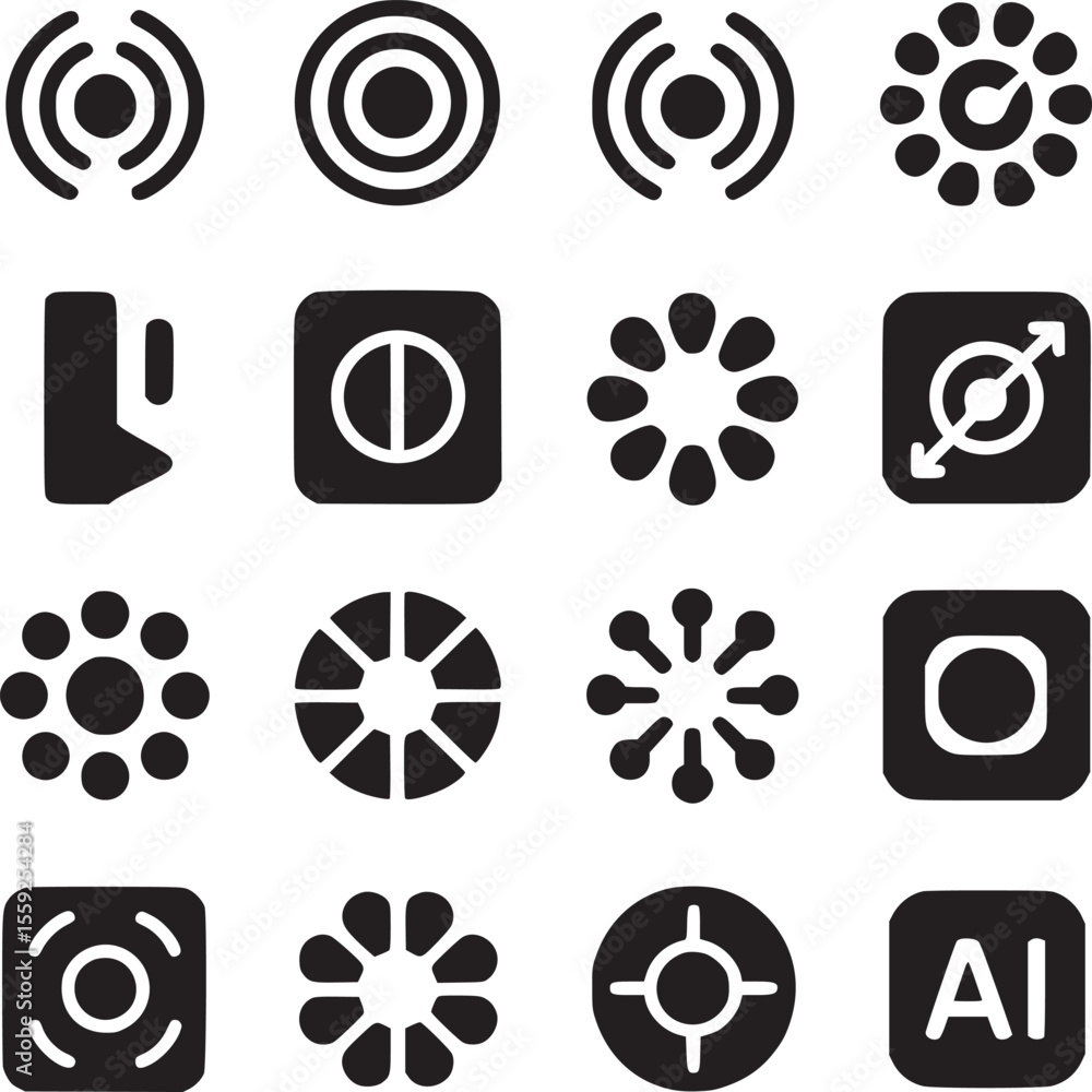Poster a collection of sixteen different black and white icons arranged in a rectangular grid pattern