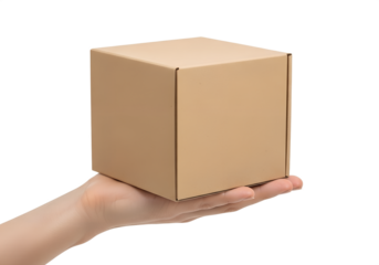 Hand holding cardboard box isolated on transparent background, shipping or packaging