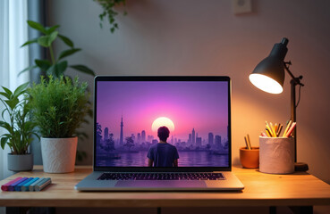 Laptop on table with man on screen looking at sunset over city. Office, home workspace interior tech design. Modern computer, display, monitor, tech, work environment concept.